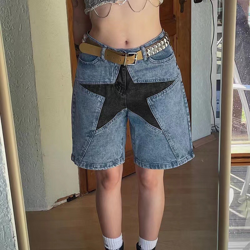 Women's Shorts---Street Y2K Denim Capris, Color-Block Star Patch High-Waisted Loose 5-Pocket Pants---8090