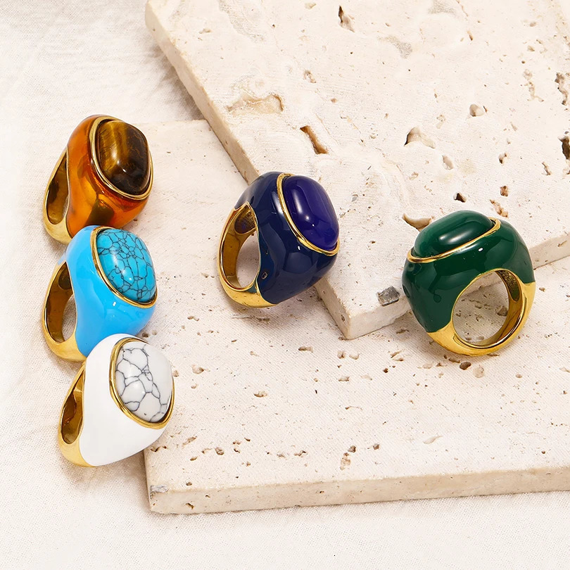 Punk Style Stainless Steel 18k Natural Stone Drip Glaze Ring for Women Personality Simple Fashion Ring Charm Jewelry Gift 260107