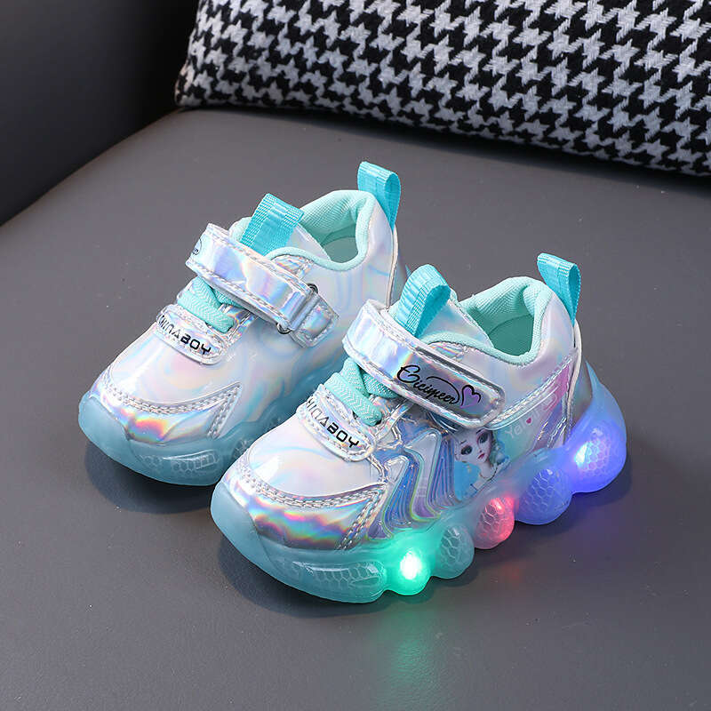 Light-Up Girls' Leather Sneakers Little Girls Cartoon Princess Soft Sole Non-Slip Walking Baby Shoes