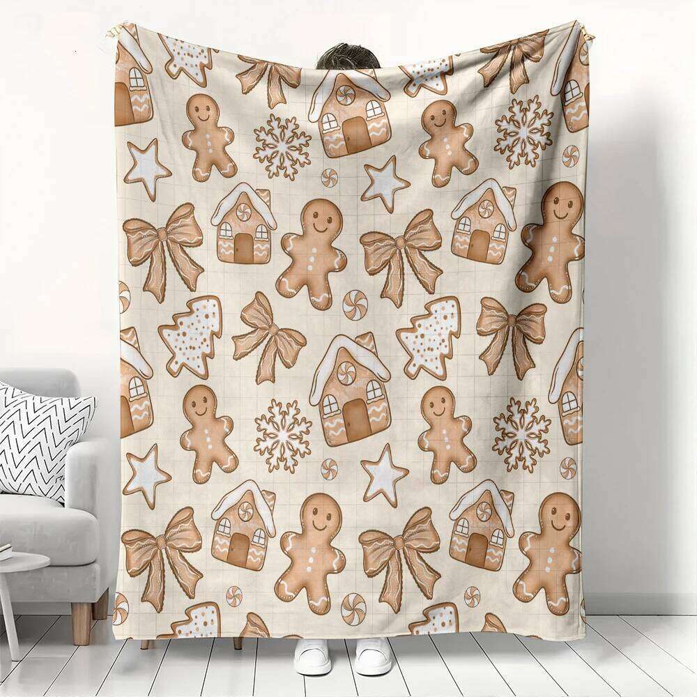 Christmas Gingerbread Man & Cookie Pattern Fleece Cozy Throw for Couch Bed Blanket with Gingerbreadfor Home Gift XJ260112
