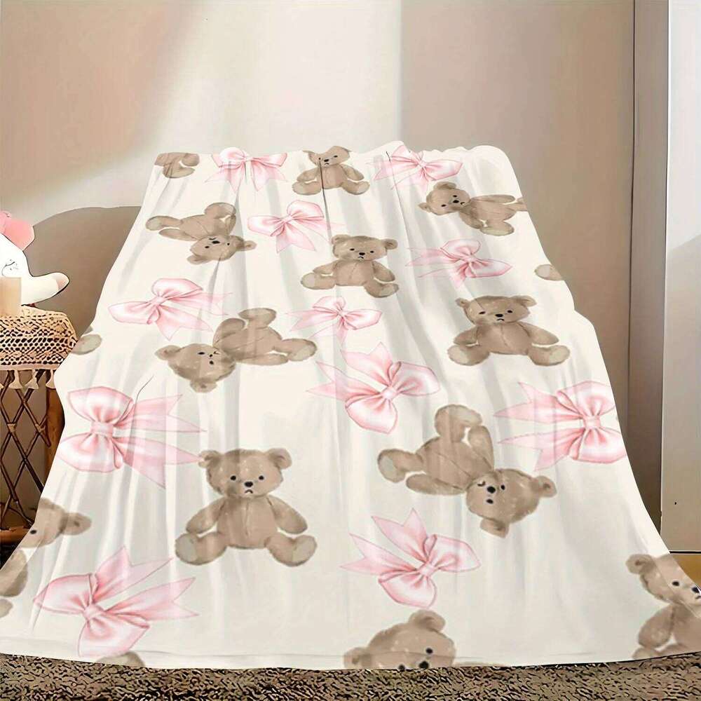 Soft Flannel Teen Girls' Blanket - Pastel Pink Brown Teddy Bear Plush Bow Design All-Season Cozy Bedspread for Bed Couch or Nap XJ260112