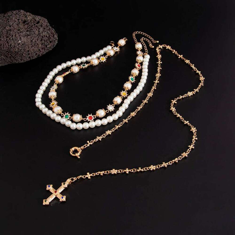 Ingemark 3Pcs/Set Creative Rhinestone Imitation Pearl Chain Necklace for Men Goth Jesus Cross Pendant Choker Y2K Jewelry Gifts H260112