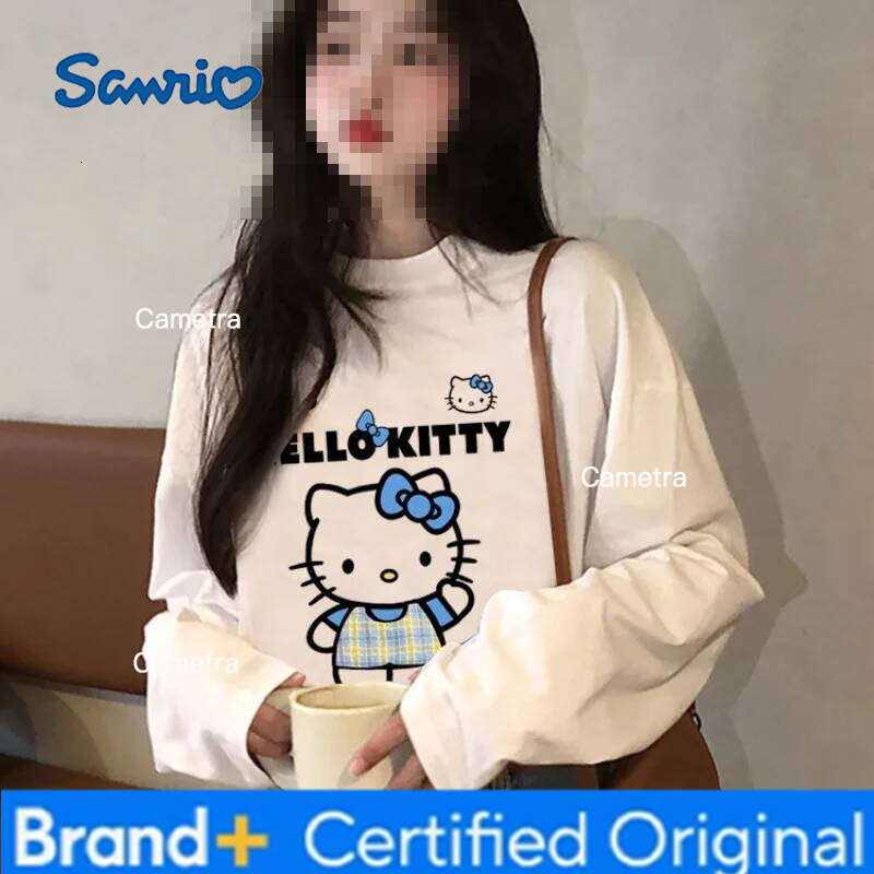 Sanrio Hello Kitty Women's T-Shirt Kawaii Cartoon Student Autumn Long Sleeves Loose Cotton Tops Fashion Woman Clothing New H2601121