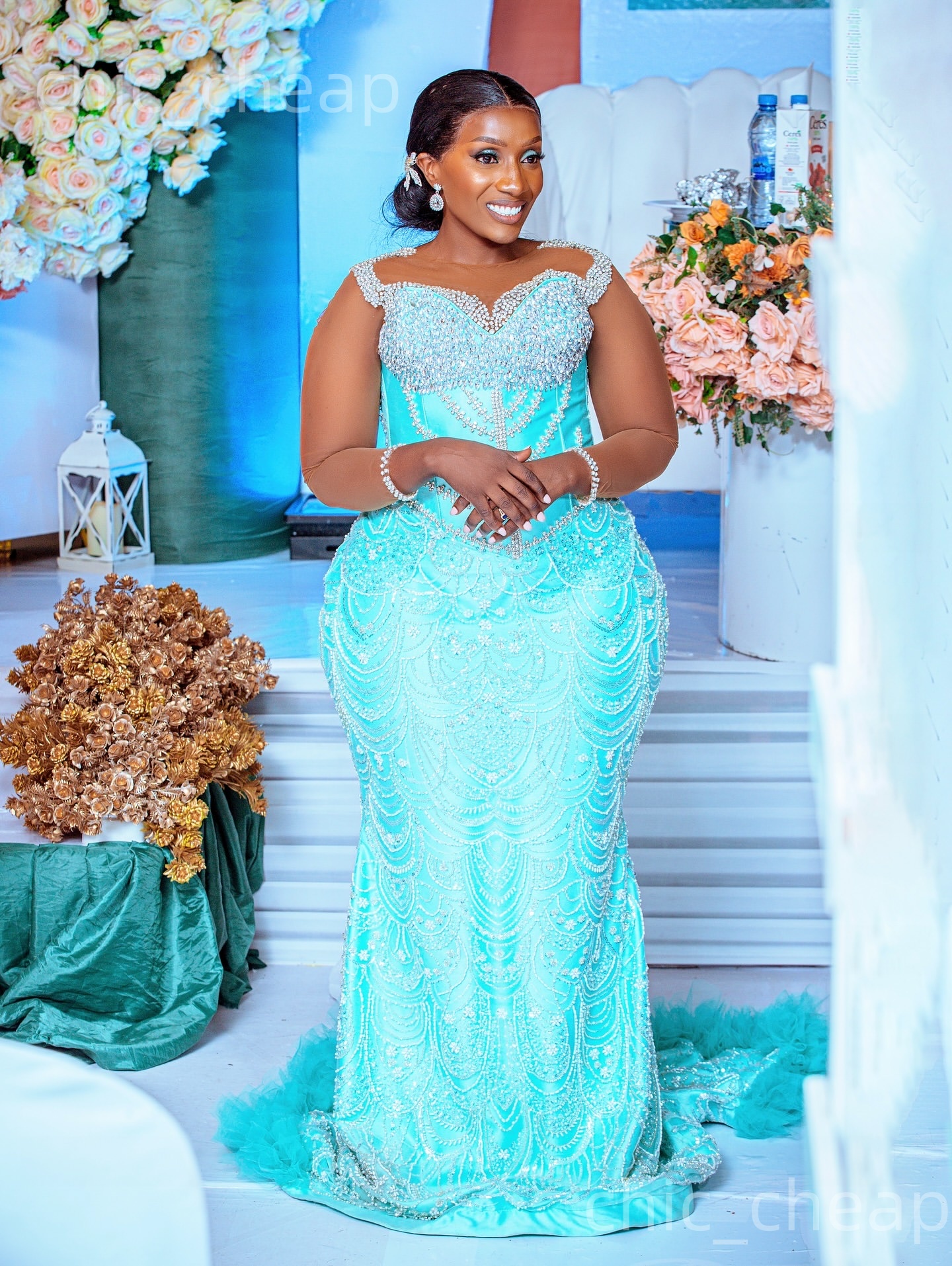 Aso Ebi Sky Blue Mermaid Prom Dresses 2026 Beaded Crystals Full Sleeves Evening Formal Party Second Birthday Engagement Gowns Dress For Special Occasi