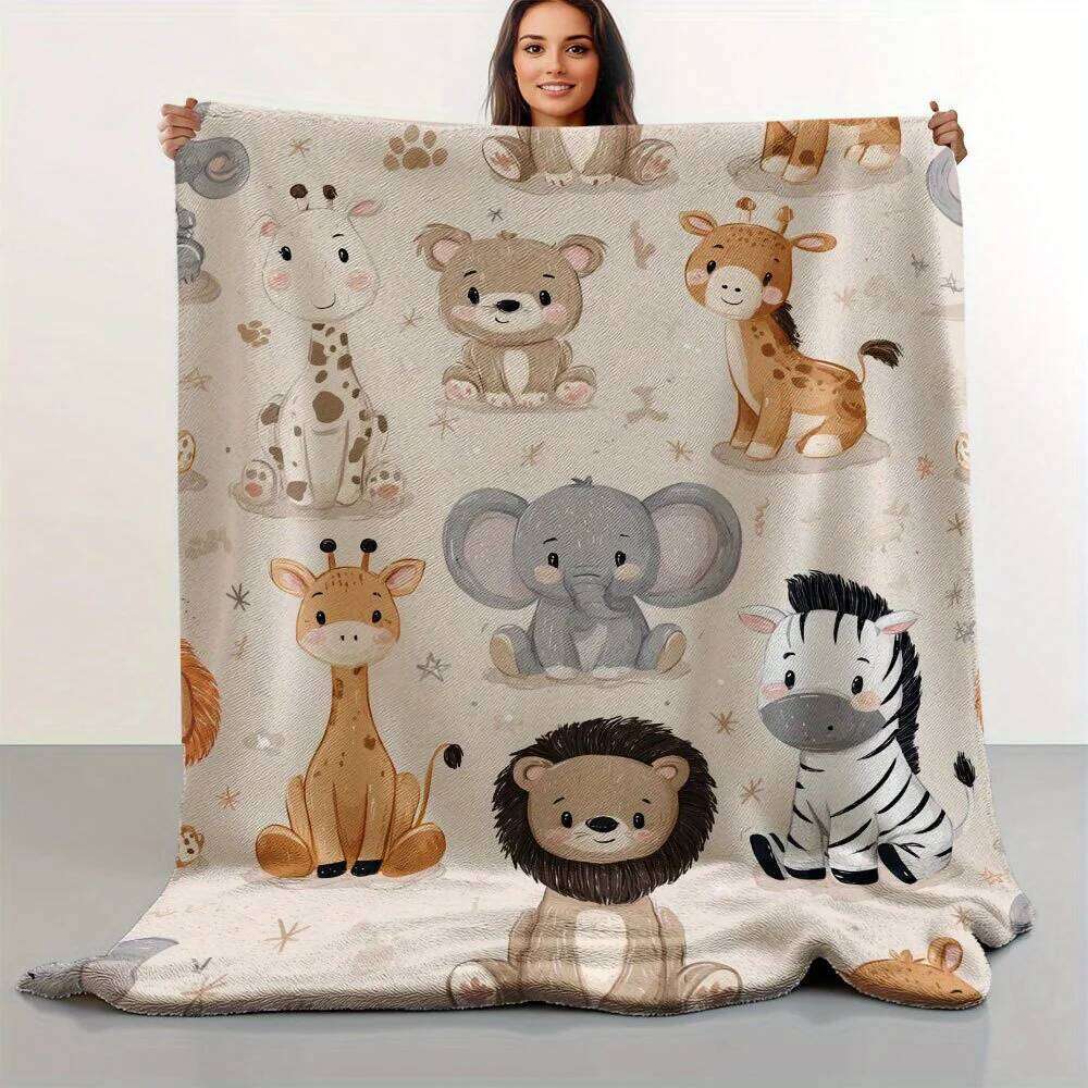 "Adorable Safari Animals Blanket, Soft Fleece with Giraffe, Elephant, Lion and Zebra for Kids Room Decor" XJ260112