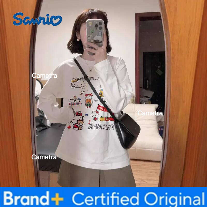 Sanrio Cute Kitty Sweet 3D Printed Round Neck Long Sleeve T-Shirt Women's Spring and Autumn Thin Loose Lazy Quick Drying Top H260112