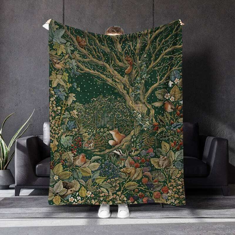 Soft Flannel Woodland Blanket Enchanted Forest Creatures Pattern Cozy Warm Throw For Healing Cottagecore Decor XJ260112