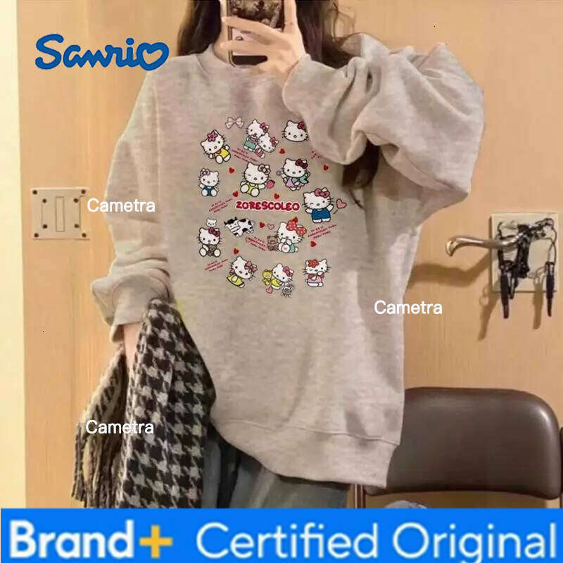 Sanrio Kawaii Hello Kittys Fresh Cute American Style Retro Spring Autumn College All-Match Add Velvet Hoodie Long Sleeves T-Shirt Girl H260112