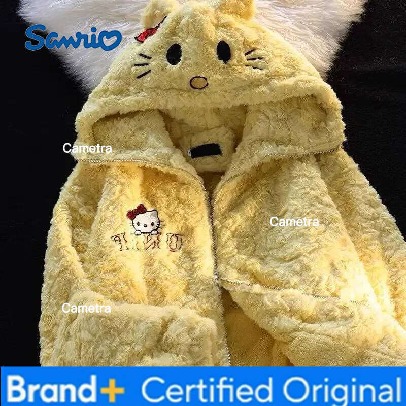 Sanrio Hot Kawaii Hello Kitty Hooded Sweatshirt Girls Long-Sleeved Tops Cute Pure White Cotton Loose Furry Zipper Jacket Winter Wear H260112