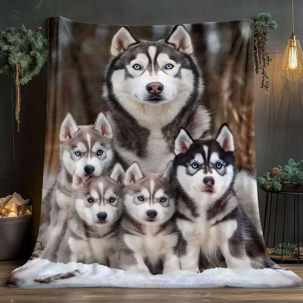 Husky Family Chiffon Blanket, Lightweight Portable Throw for Travel, Soft Warm Winter Design, All Season Cozy Home Decor XJ260112
