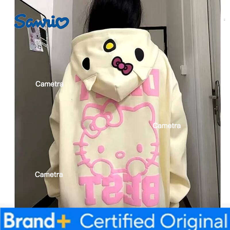 Sanrio Hello Kitty Hooded Sweater for Women, Oversize Zipper, Sweet Pink Hoodie, Cute Zip-up Outwear Clothes, Autumn H260112