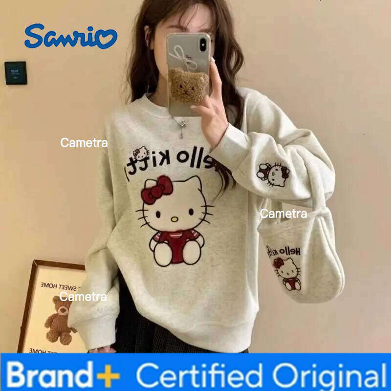 Sanrio Hello Kitty Kawaii Anime Fashion Casual Embroidered Round Neck Sweatshirt With Loose Knit Long Sleeves Women's Pajamas H260112