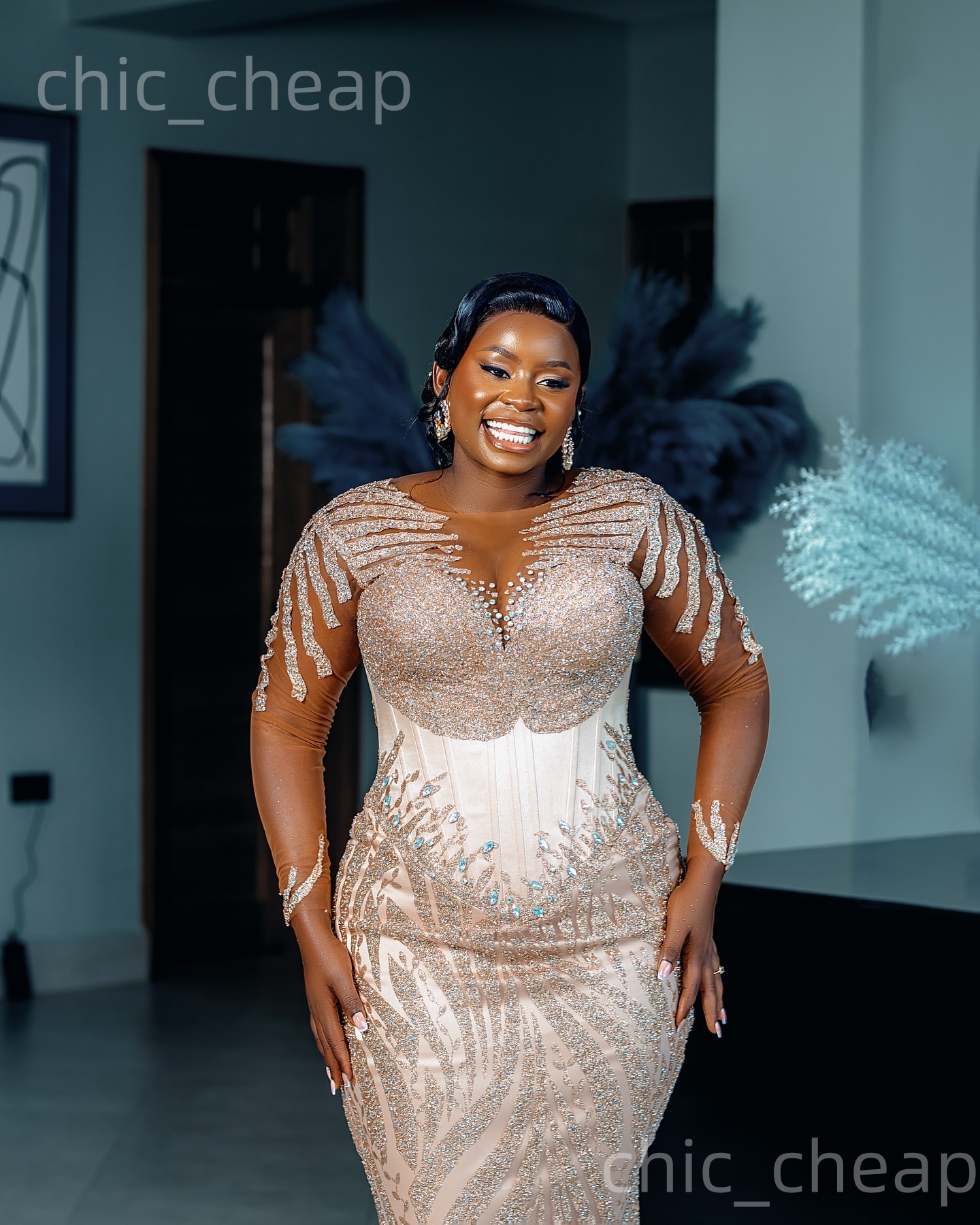 Aso Ebi Champagne Mermaid Prom Dresses 2026 Crystals Sequined Sheer Neck Evening Formal Party Second Birthday Engagement Gowns Dress For Special Occas