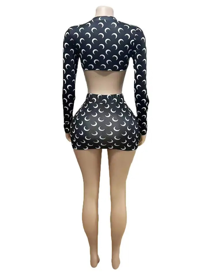 Women Two Piece Set Skirt Fashion Retro Leisure Moon Printed Long Sleeve Crop Top and Mini Streetwear Outfits 251231