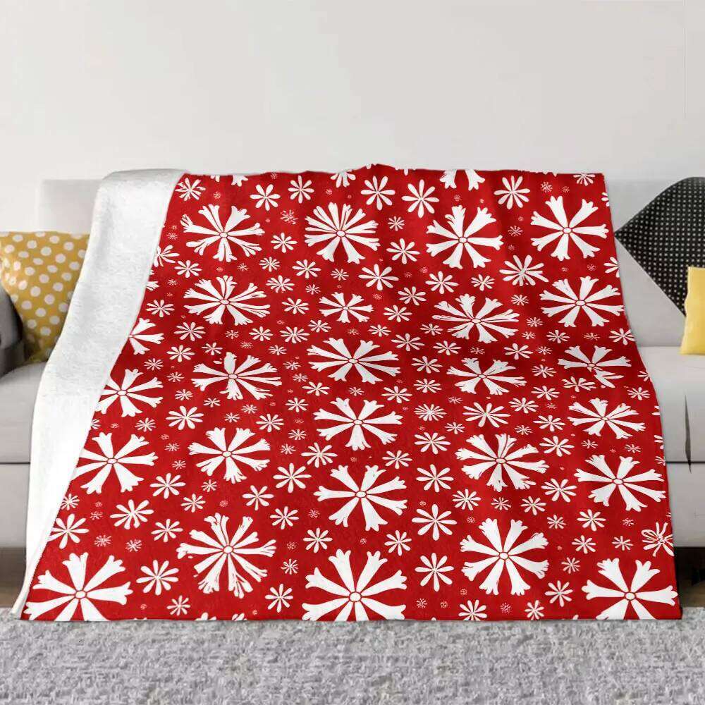 Red Festive Snowflake Pattern Blanket - Stylized White Snowflakes & Circular Motifs, Dense Uniform Design for Cozy Winter Hol XJ260112