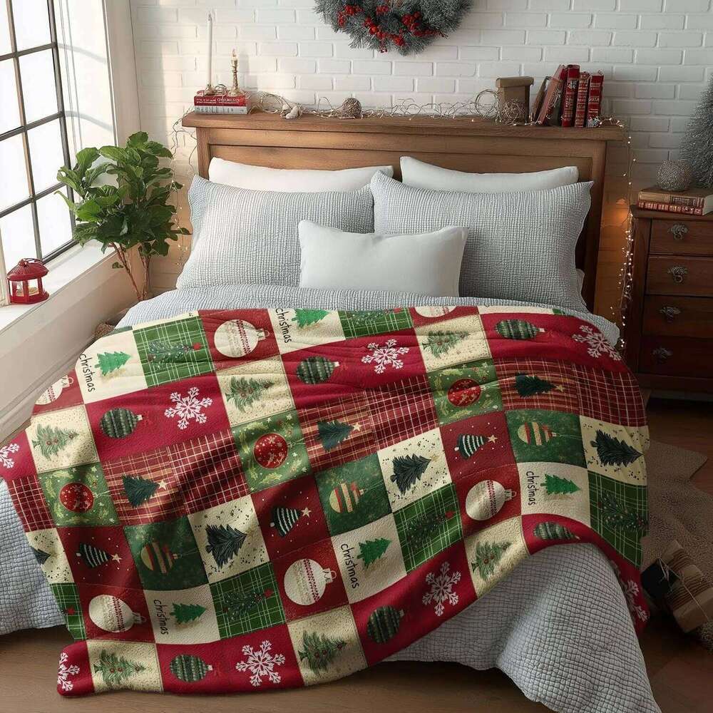 Christmas Flannel Blanket Throw Red Green Checkered Tree Blankets Couch Sofa Bed Lounging Gifts for Kids Adults Wife Self XJ260112