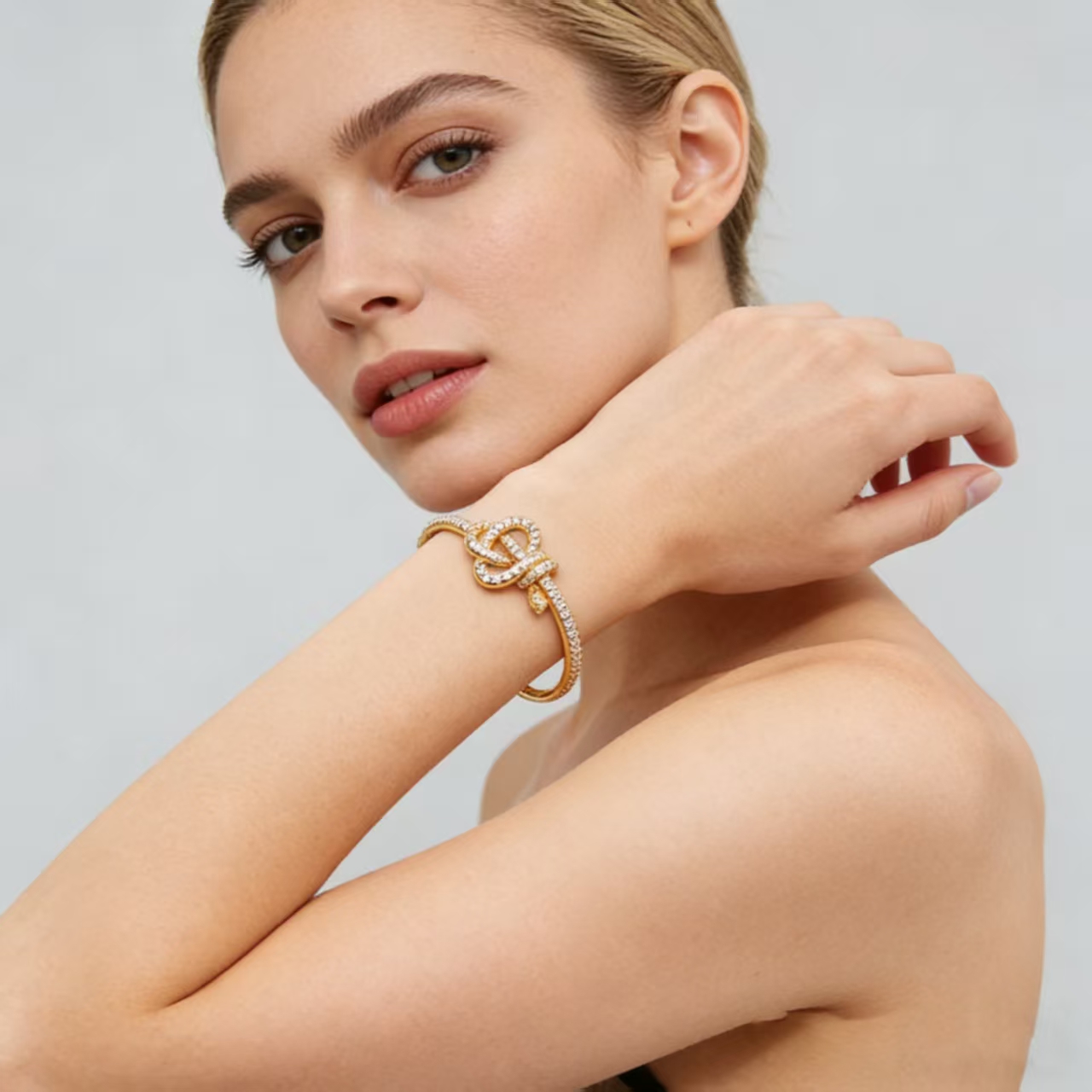 Simple Creative Knot Bow Bracelet Ring Set Elegant Unisex Copper Gold-Plated Micro-Inlaid Zircon Jewelry