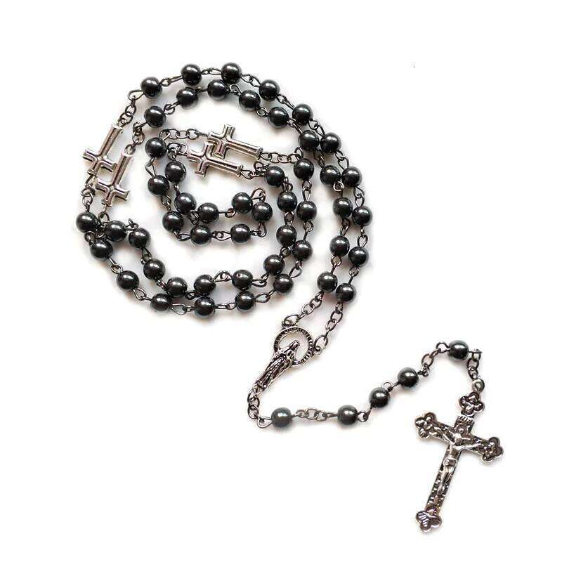 QIGO Vintage Hematite Rosary Catholic Long Jesus Cross Virgin Necklace Pendant For Men Women Religious Jewelry H260112