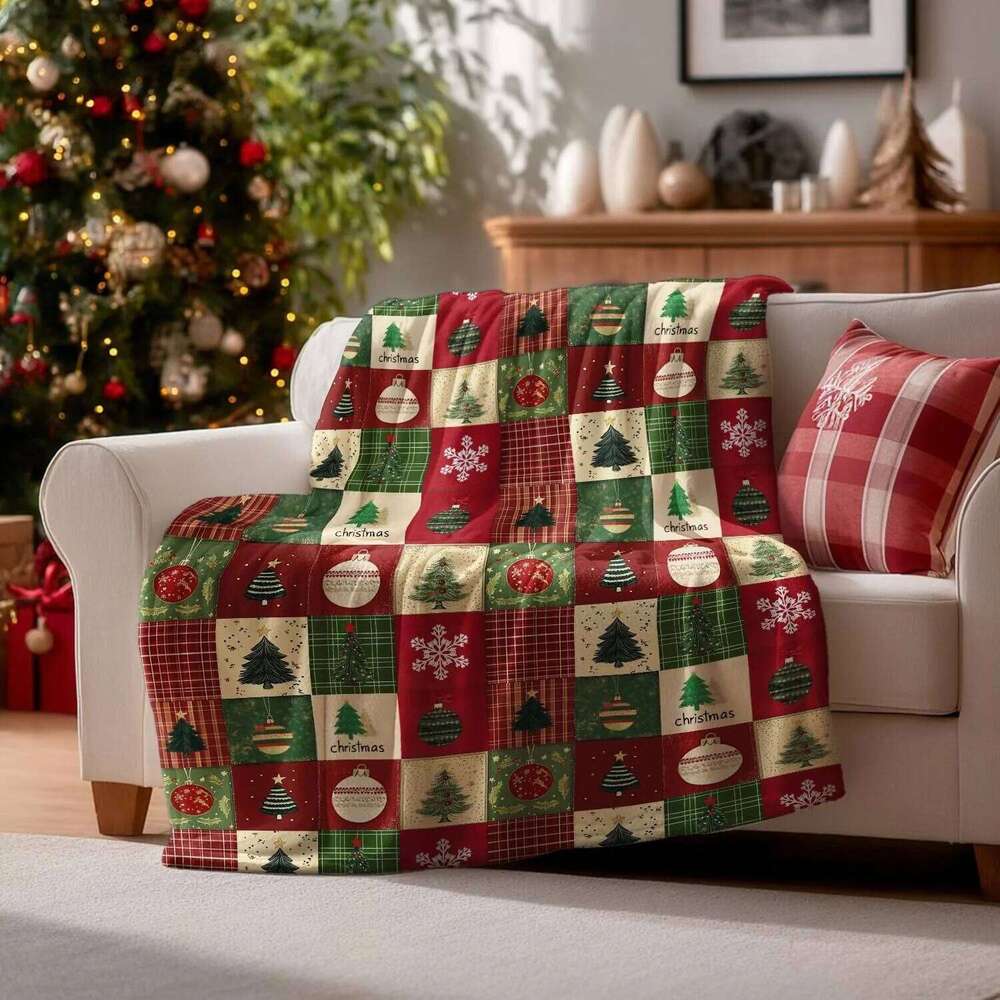 Christmas Flannel Blanket Throw Red Green Checkered Tree Blankets Couch Sofa Bed Lounging Gifts for Kids Adults Wife Self XJ260112