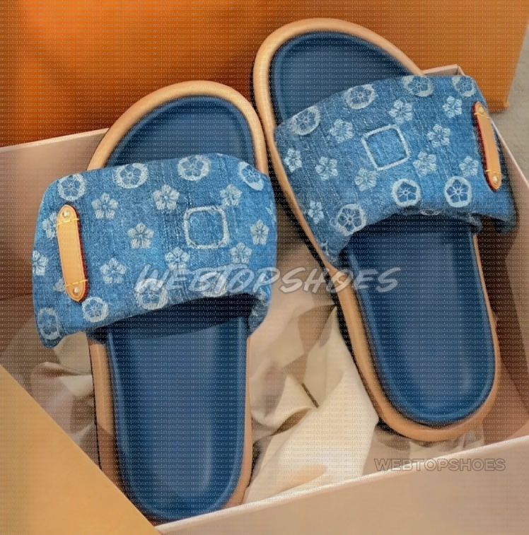 denim Slippers Designer Women Men Pool Pillow Flat Mules Slides sandals cherry Sliders Print Embossed Summer Sandals Beach Shoes size 35-45