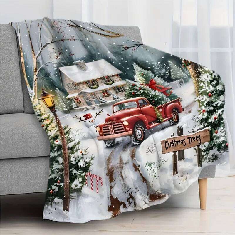 1pc Vintage Red Truck Christmas Flannel Blanket - Soft Warm Reversible All-Season Knitted Polyester Machine Washable XJ260112