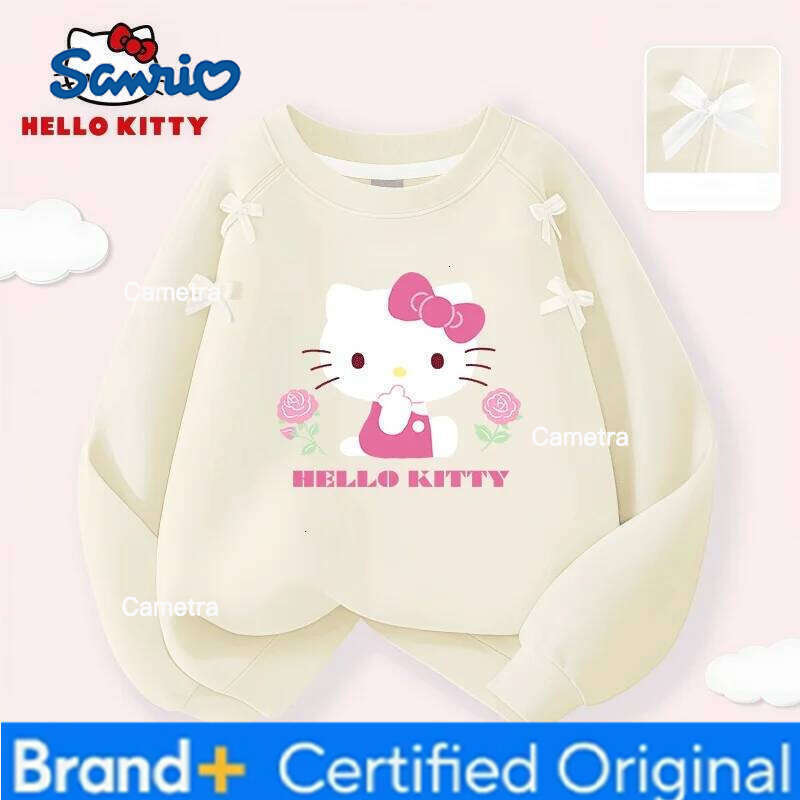 Sanrio Hello Kitty Kids Casual Round-neck Pullover Hoodies Girls Stylish Bow Decor Comfortable Lightweight Sweatshirt Sweet Cute Blouse H260112