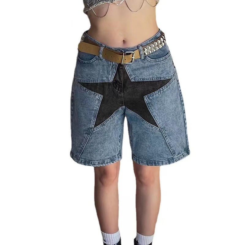 Women's Shorts---Street Y2K Denim Capris, Color-Block Star Patch High-Waisted Loose 5-Pocket Pants---8090