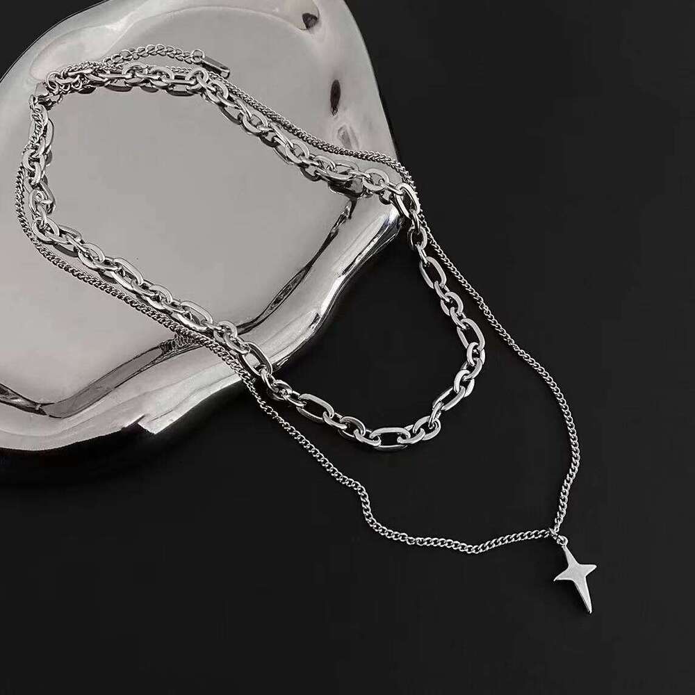 New Design Double Layer Link Chain Cross Star Necklace for Women Man Teens Trendy Punk Hip hop Stainless Steel Choker H260112