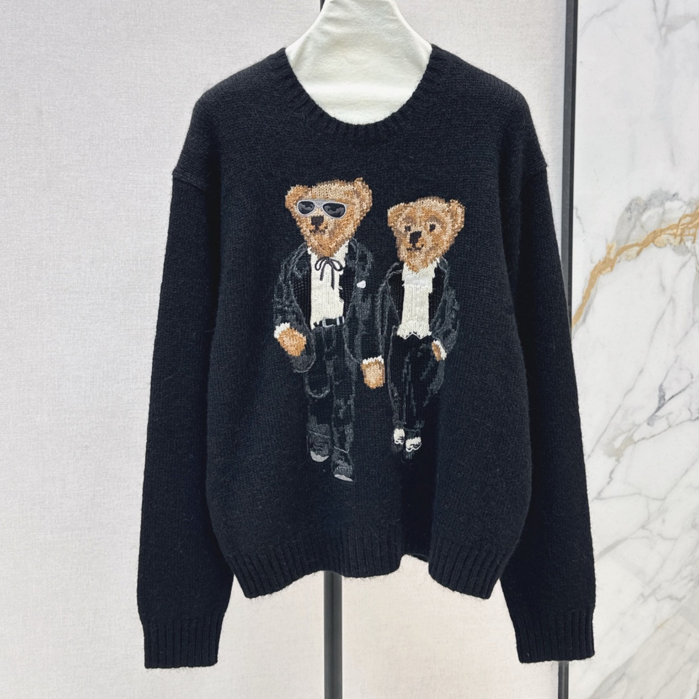 (Order by pic in opt, not by desc) Retro Navy Teddy Bear Intarsia Sweater - American Flag Crew Neck Pullover for Casual Wear