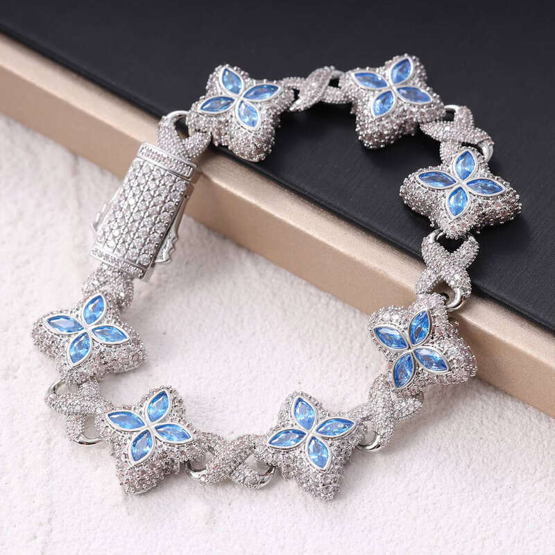 Fashion Pink Blue Colorful Clover Bracelet Necklace Iced Brass 5A VVS Moissanite Diamond Chain Adjustable Women's Gift f3