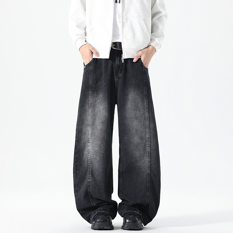 Men's American Streetwear Vintage Washed Distressed Patchwork Flared Jeans, Loose Wide-Leg Straight-Leg Floor-Length Baggy Trousers