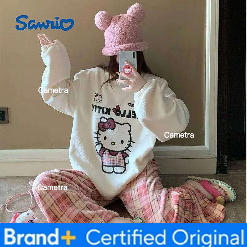 Sanrio Hello Kitty Pajamas Set Coral Cartoon Fleece Lined Thickened New Winter Women's Cozy Home Sleepwear Loungewear H260112
