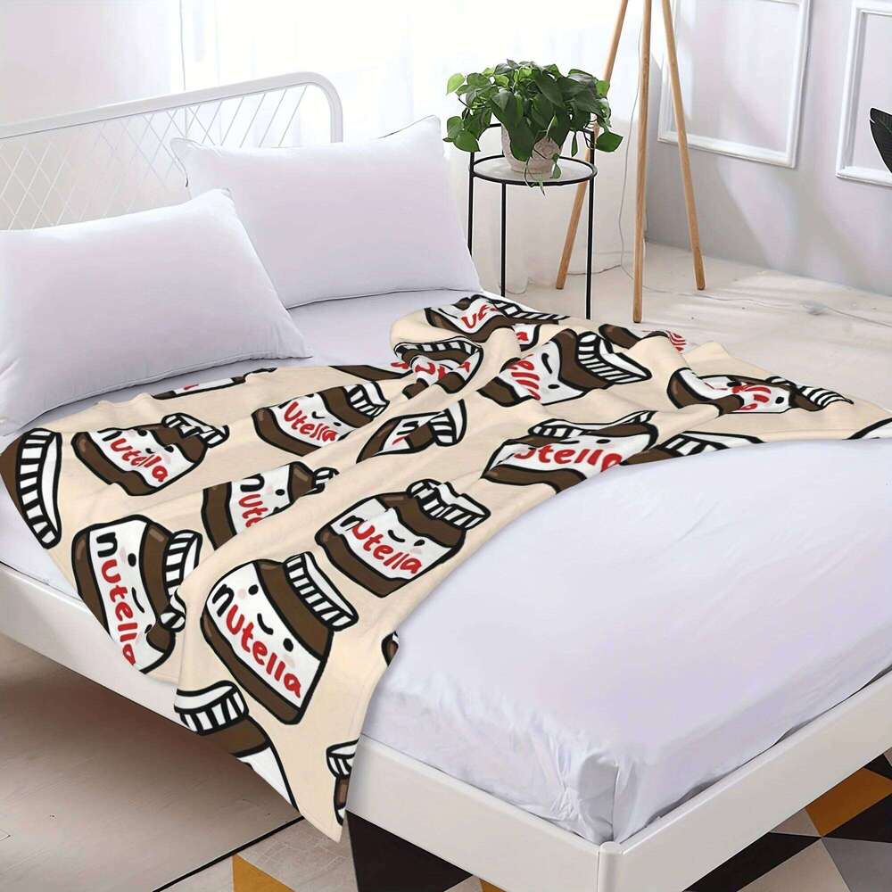 Cartoon Nutella Flannel Blanket - Hazelnut Spread Soft Tear-Resistant | All-Season Home Decor & Playful Gift XJ260112