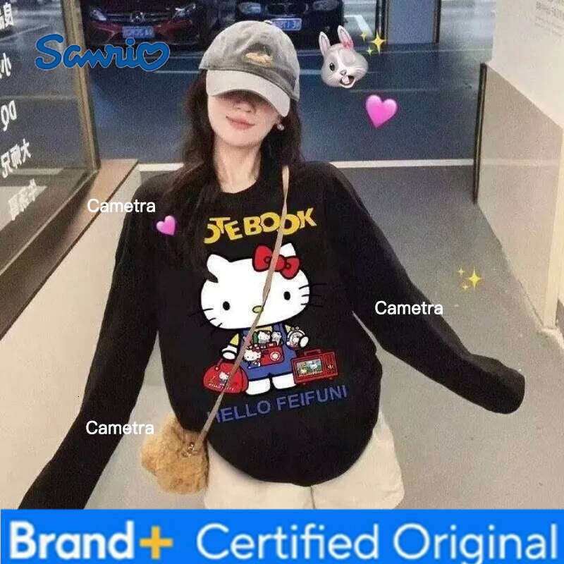 Sanrio Hello Kitty Woman's T-shirt Autumn Cartoon Print Casual Versatile Round Neck Top Winter Fashion Warm Base Shirt H260112