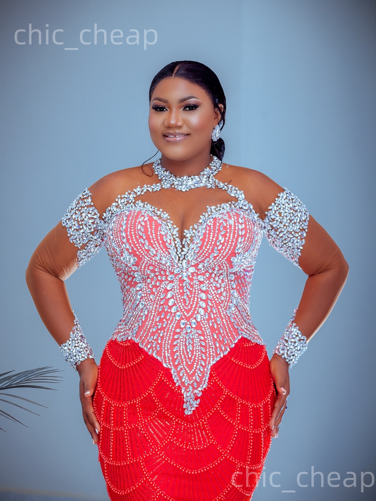 Aso Ebi Red Mermaid Prom Dresses 2026 Beaded Crystals Full Sleeves Sequined Evening Formal Party Second Birthday Engagement Gowns Dress For Special Oc