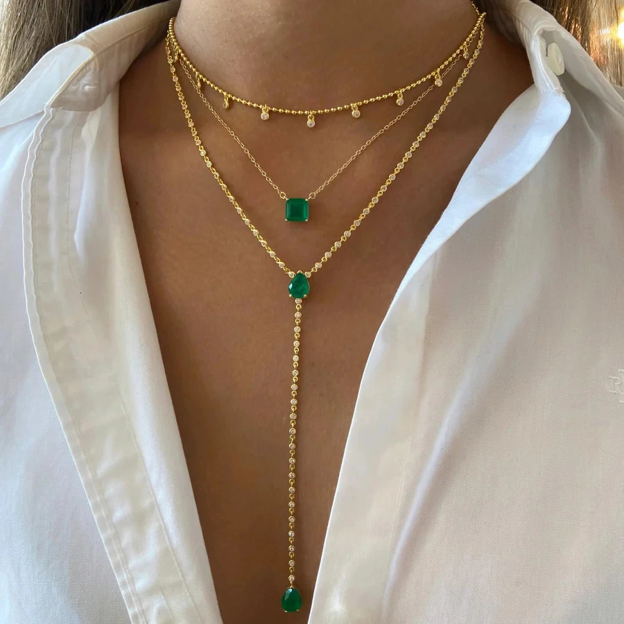 Bezel 5A Cubic Zirconia Round CZ Station Chain Green Tear Drop Stone Sexy Women Long Y Lariat Necklace Selling 260107