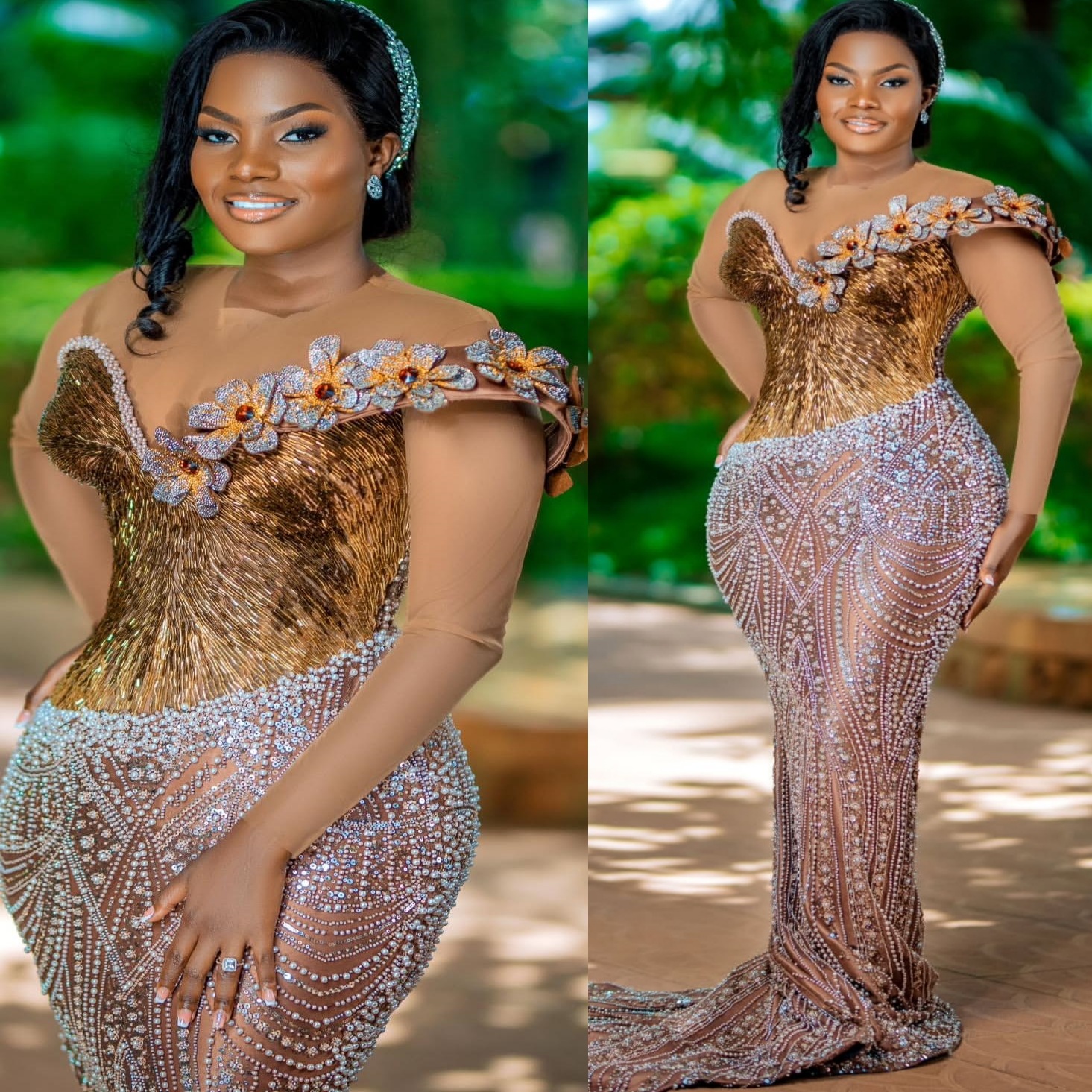 Aso Ebi Brown Mermaid Prom Dresses 2026 Flowers Beadedd Illusion Evening Formal Party Second Birthday Engagement Gowns Dress For Special Occasions