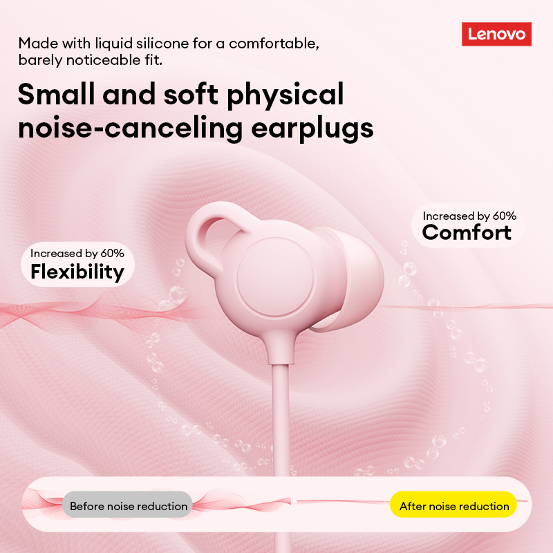 Lenovo YF44 Wired Earphones In-Ear Noise-Canceling Sleep Headphones with Smart In-Line Controls and Microphone Hi-Fi Sound Quality Music Headset