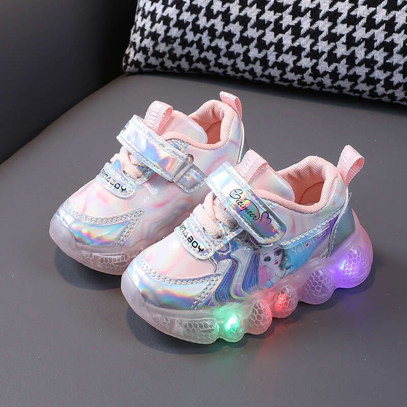 Light-Up Girls' Leather Sneakers Little Girls Cartoon Princess Soft Sole Non-Slip Walking Baby Shoes