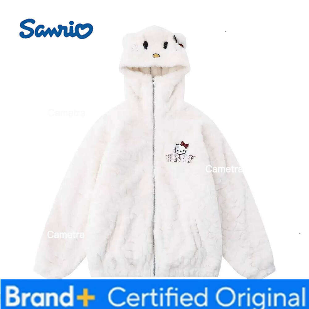 Sanrio Hot Kawaii Hello Kitty Hooded Sweatshirt Girls Long-Sleeved Tops Cute Pure White Cotton Loose Furry Zipper Jacket Winter Wear H260112