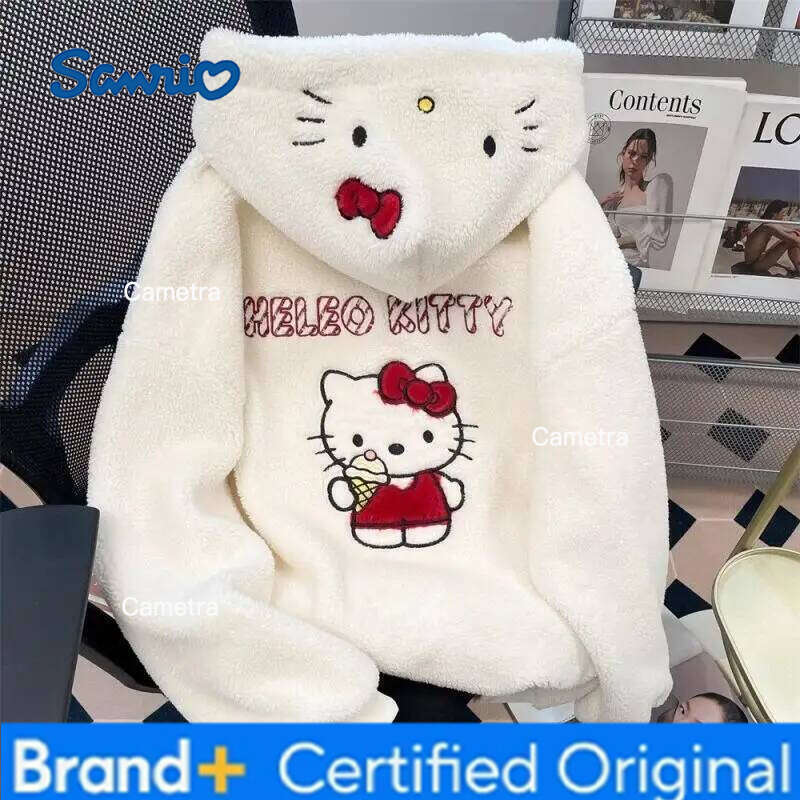 Sanrio Cartoon Hello Kittys Sherpa Embroidered Women Autumn Winter Cute Japanese Velvet Thickened Hooded Zipper Jacket Warm Tops H260112