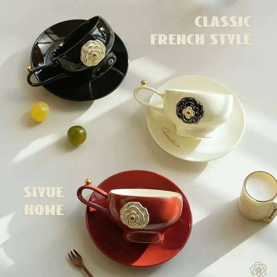 Camellia Ceramic Light Luxury Niche Premium Coffee Cup and Saucer Set Household Afternoon Tea Latte Cup 280ml