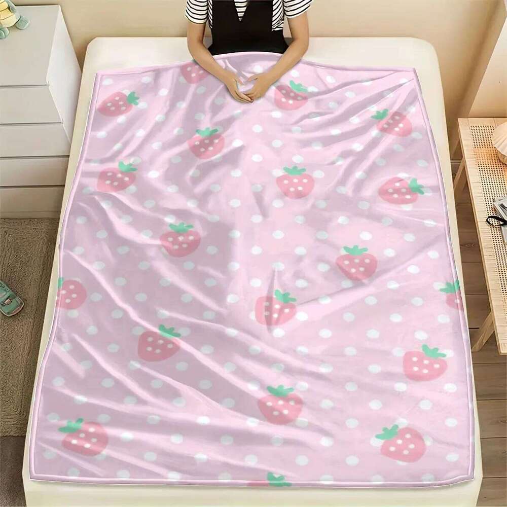 Pink Strawberry Print Flannel Blanket, Soft Warm Cozy Throw for Home Kitchen Sofa Camping Relaxation XJ260112