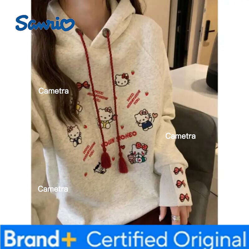 Sanrio Kawaii Kitty Hooded Sweatshirt Women Cartoon Embroidered Fleece Lined Thick Warm Loose Fit Casual Commuter Tops Autumn Winter H260112