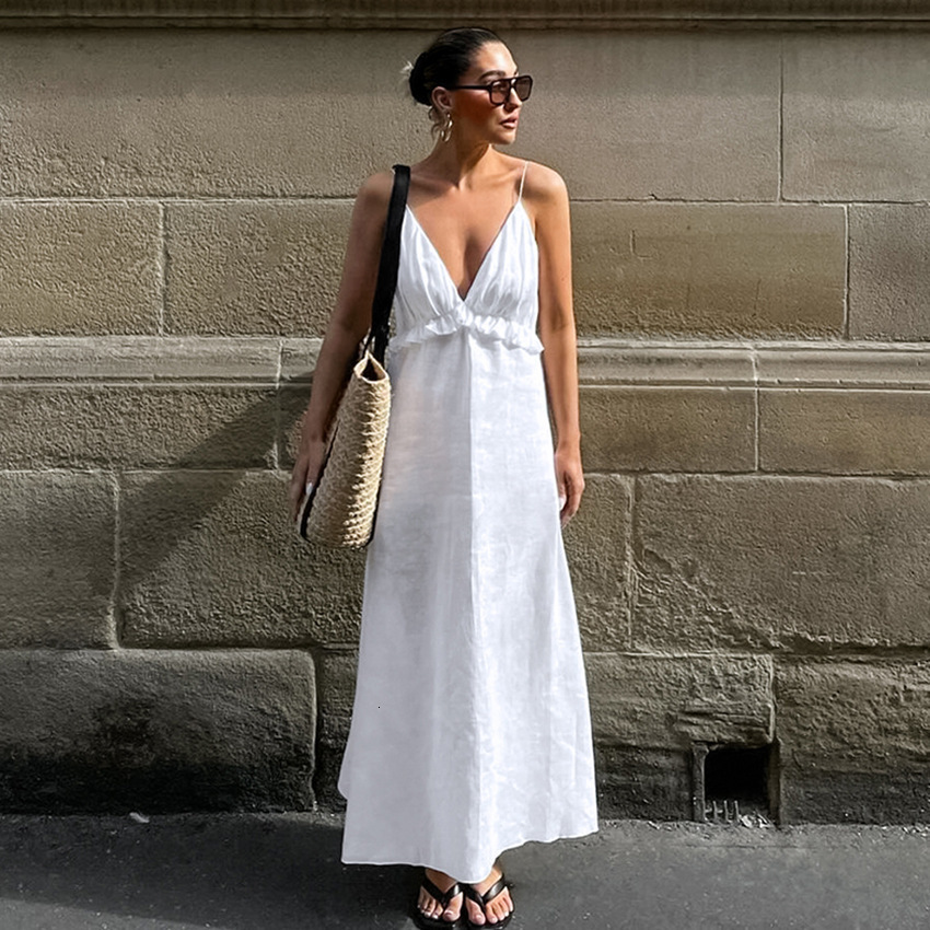 Basic Casual Dresses Linen Ruffles White Dress Spaghetti Strap Deep V neck Backless High Waist A line Summer Midi Holiday Robe 230715