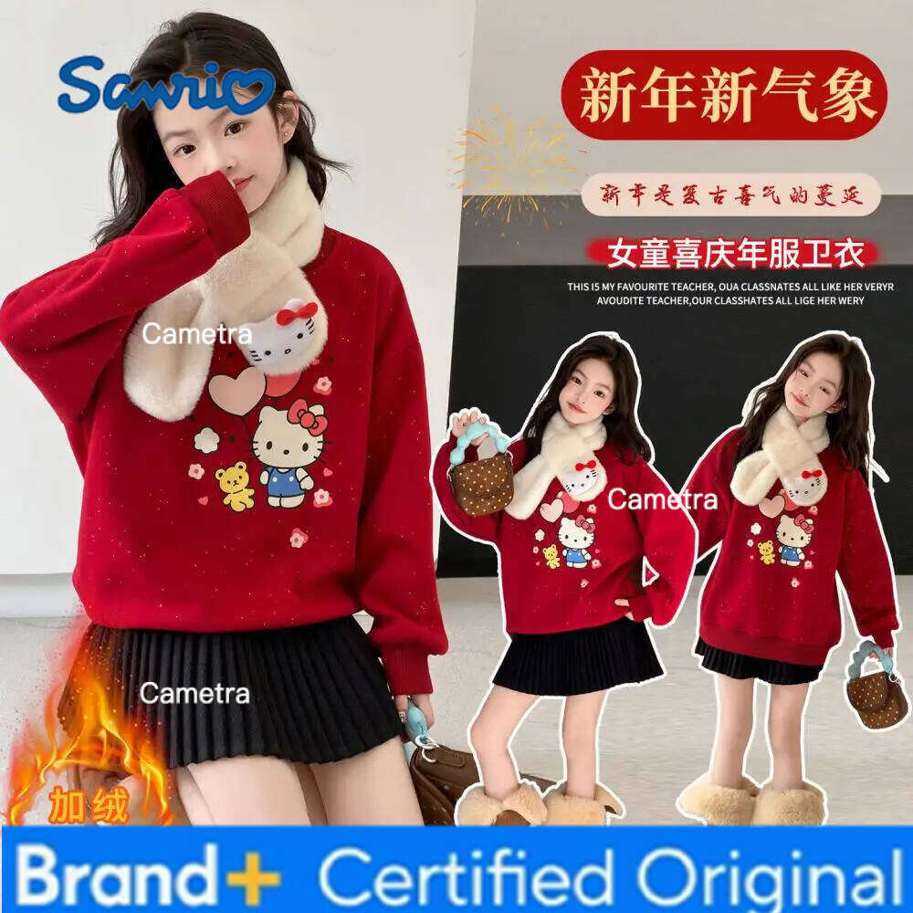 Sanrio Hello Kitty Girls Autumn Winter Sweatshirt Kids Pullover Warm Shirt Long Sleeve Jumper Youth Top Children's Clothing H260112