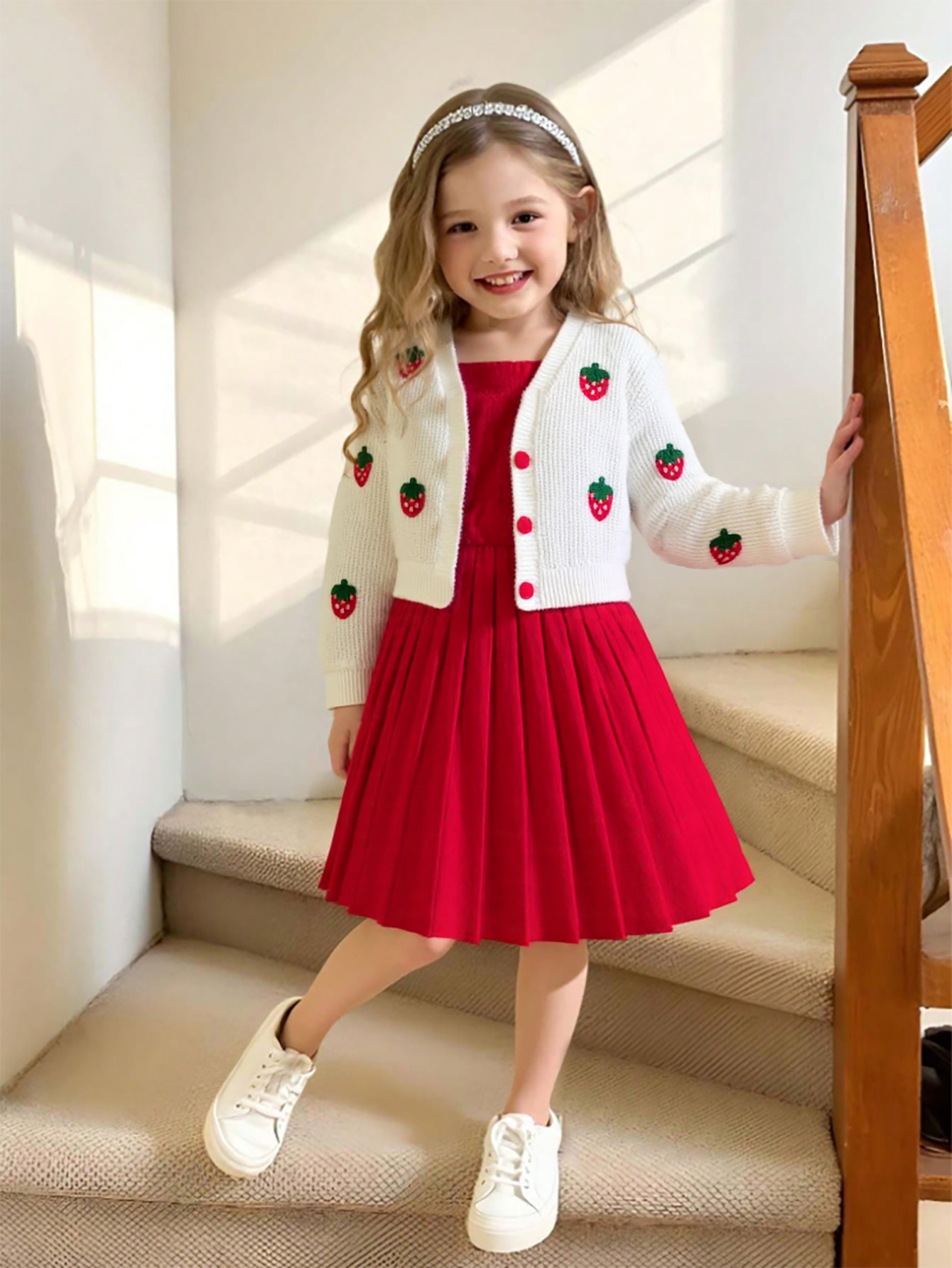 Toddler Girl 2pcs Set: Strawberry Embroidered White Cardigan & Red Pleated Sleeveless Dress, Cute Outfit-2690