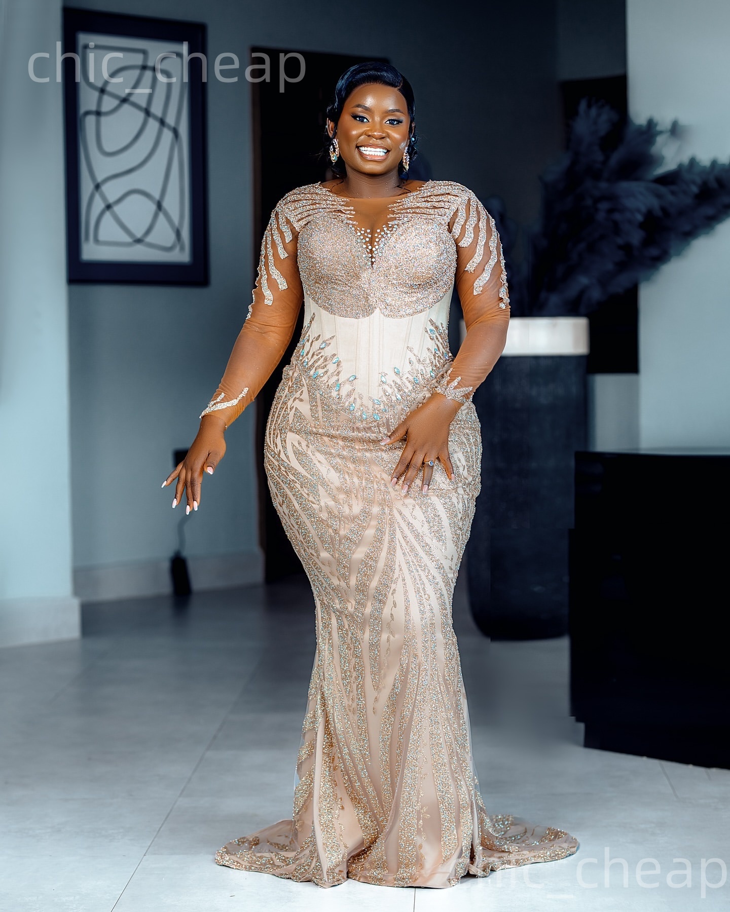 Aso Ebi Champagne Mermaid Prom Dresses 2026 Crystals Sequined Sheer Neck Evening Formal Party Second Birthday Engagement Gowns Dress For Special Occas