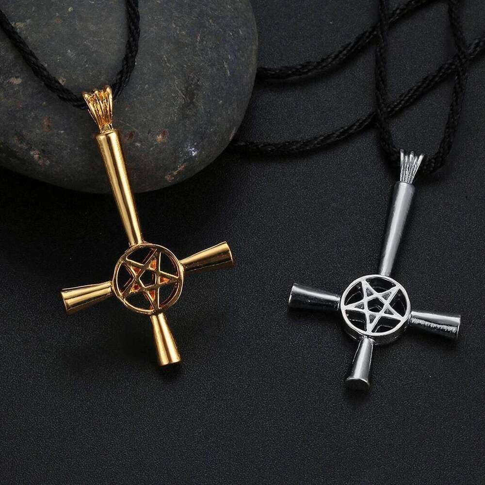 Kinitial Retro Inverted Pentagram Cross Necklaces Upside Down Lucifer Satan Satanic Symbol Pendant Necklace for man Punk Jewelry H260112