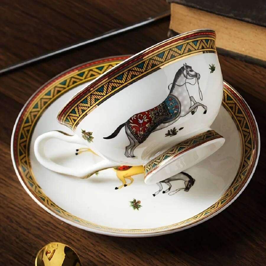 Porcelain Coffee Mug Tea Cup With Spoon, Bone China Drinking Utensils Saucer Plate for Home Breakfast Garden Party Use